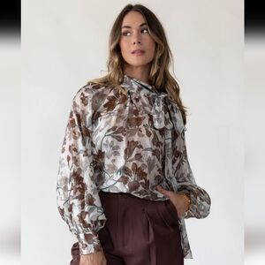 ASTR The Label Floral Brown and White Women's Blouse